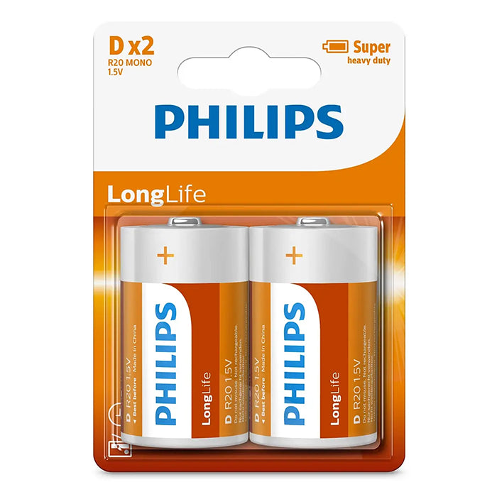 Philips, Longlife D Batteri 2 stk.