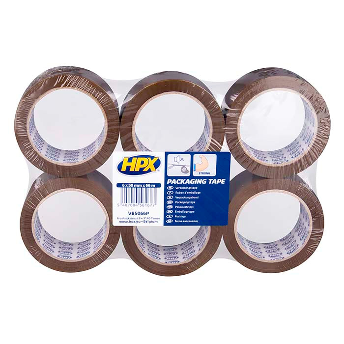 HPX, Brun Emballage Tape 50mm x 66m - Pakke med 6